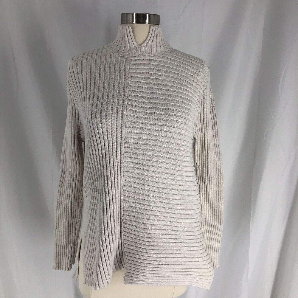 Cabi Ribbed Asymmetrical Tie Back Sweater L Cream Mock Neck Long Sleeve